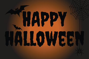 Happy halloween typography vector with bats spider web and spider on orange background