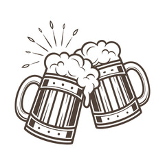 Cheers with Two Beer Mugs Illustration. Hand Drawn Cartoon Style Clinking Beer Glasses with Foam, Perfect for Pubs, Bars, Festivals, and Menus