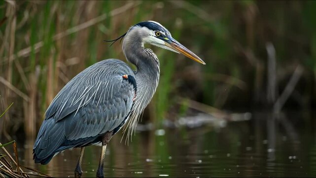 Great blue heron standing in shallow water near tall reeds