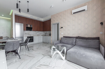 Living room with kitchen in a small one-room apartment in white and gray tones with wood and marble...