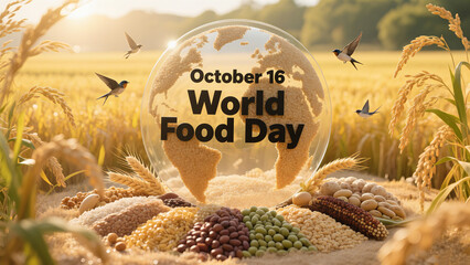 Grain Earth and World Food Day text, representing global food connectivity and harvest, used for international exchange and agricultural science popularization scenarios.
