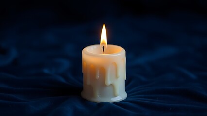 Decorative candle with melting wax patterns on deep blue velvet, creating an atmospheric glow.