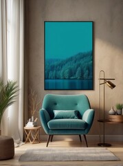 Turquoise blank poster on beige wall and armchair. Interior design of modern living room