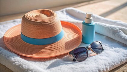 Minimalist Flat Lay of Pastel Coral and Sky Blue Beach Accessories &ndash; Sunhat and Sunglasses