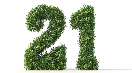 Number 21 made of green grass isolated on a white background