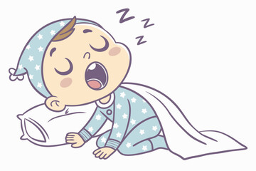 Vector cute Baby Boy cartoon character, with a sleepy yawn and closed eyes, wearing cozy pajamas and snuggled with a soft blanket, in a peaceful, dreamy style, isolated on white background