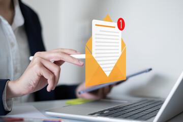 Business man receive send electronic mail email computer laptop smartphone mail marketing business...