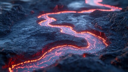 Molten river flowing through volcanic terrain