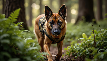 Naklejka premium Dog wearing rescue vest walking in forest surrounded by ferns 