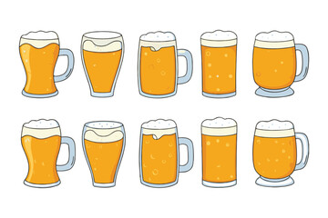 Beer mug and glass icon set. Vector collection of various pints and steins with foam for pub menu or Oktoberfest design.