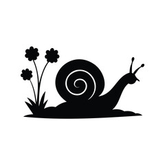 Simple black and white silhouette of a snail among flowers in nature
