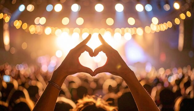 Concert Love Hands Forming Heart Shape Against Bright Stage Lights