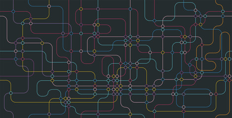 Seamless Technology Multicolored Line Circuit on Black Background.