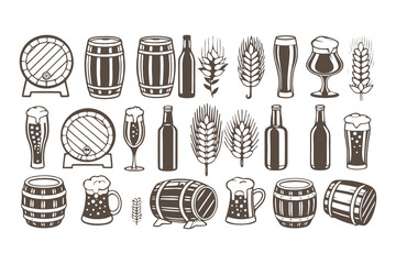 Vintage beer and brewery icon set. Vector graphics of mugs, barrels, bottles, and wheat for pub menu or logo design.