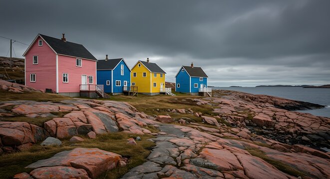 A picturesque row of brightly colored saltbox houses stands on the rugged, rocky coastline of Fogo Island, Newfoundland, Canada. 