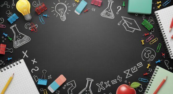 Back to School Blackboard with Chalk Drawings and Colorful Stationery.