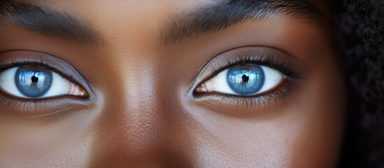 Hyper-realistic image of eyes with bright blue irises and dark skin with black eyebrows and eyelashes. The details of the skin, eyelashes, and eyebrows are highlighted in close-up. © nina blez