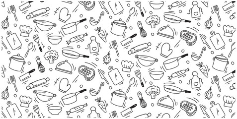Cooking utensil doodle seamless pattern kithen set hand drawing background