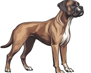 Majestic boxer breed canine with a brown coat stands against a white background.