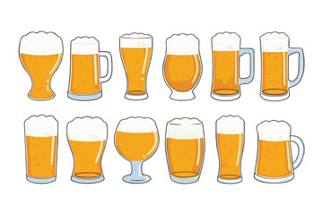 Beer mug and glass icon set. Vector collection of various pints and steins with foam for pub menu or Oktoberfest design.