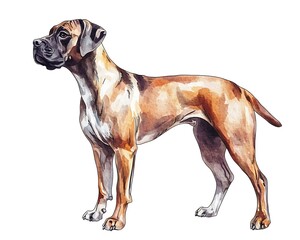 Majestic boxer breed canine with a brown coat stands against a white background.