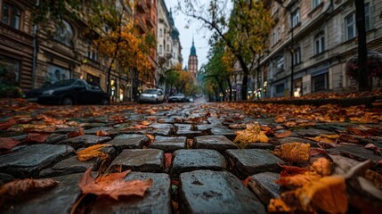 Autumn cobblestone street fall foliage and cityscape photography