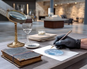 Artist drawing a moon on paper, surrounded by antique books, glasses, and magnifying glass on a wooden table in a museum-like interior