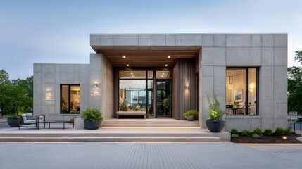 Modern, light-gray stone exterior of a house with a large, covered entrance