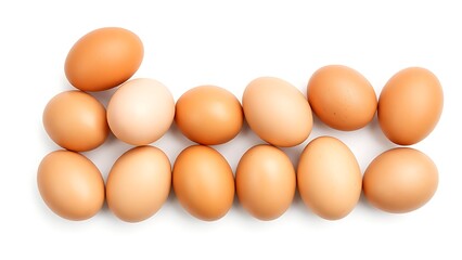 Fresh brown eggs with natural texture, isolated on a pure white background under soft overhead lighting.