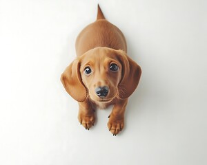 Adorable dachshund puppy with big eyes looking upwards on white background.