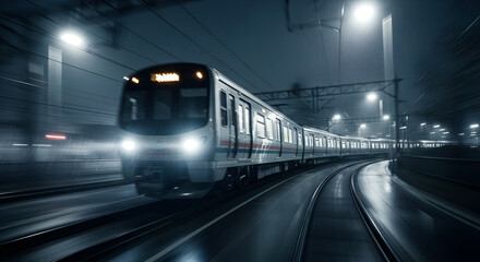 Naklejka premium FastMoving Modern Train with Bright Headlights in Tunnel Night Scene.