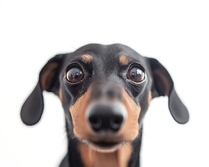 Close up of a curious black and tan miniature pinscher dog with big eyes