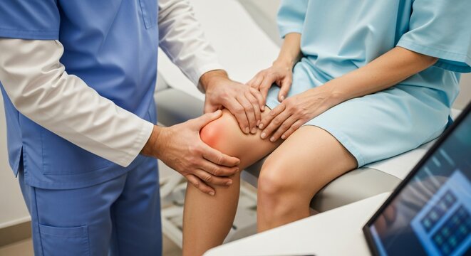 Knee Pain Diagnosis Underway With Physician Palpating Joint During Clinical Checkup Session