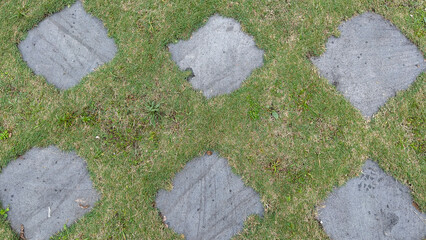 This image displays a grid pattern of square, light grey stepping stones set into a vibrant green...
