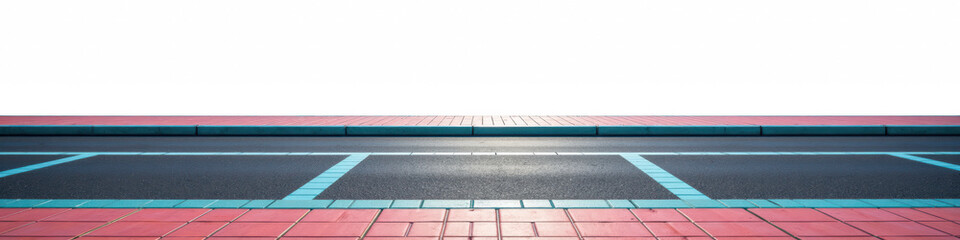 Vibrant urban street scene featuring colorful pavement with pink and blue patterns, creating lively atmosphere