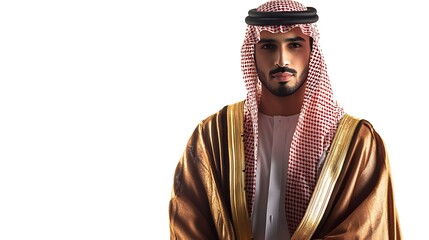 Young arab man wearing traditional thobe and ghutra with a golden bisht