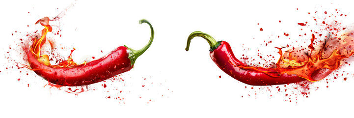 Set of two red chili peppers with fire splash isolated on transparent background

