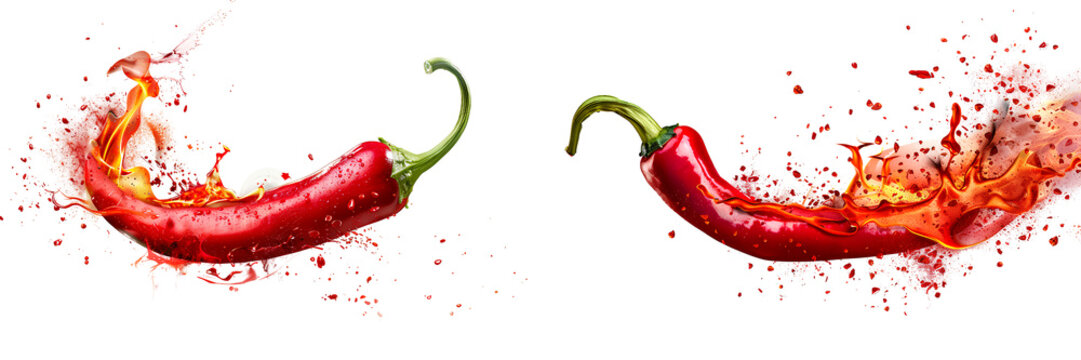 Set of two red chili peppers with fire splash isolated on transparent background


