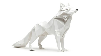 White origami wolf standing alert on a plain white background.