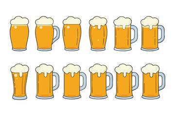 Beer mug and glass icon set. Vector collection of various pints and steins with foam for pub menu or Oktoberfest design.