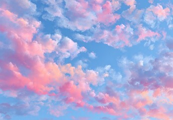 Pastel pink and blue clouds fill a vibrant sky
