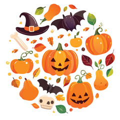 Cute Halloween Clipart Set – Flat Design of Spooky Items in Doodle Style. Minimalist Halloween Vector Icons – Flat Doodle Style Pumpkins, Ghosts, Rats, and Tombstones