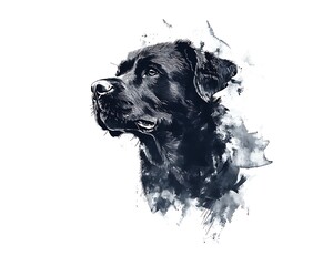 Black labrador retriever head in artistic ink splash style on white background