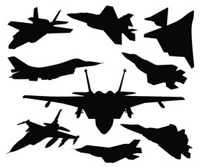 Silhouette of military aircrafts. War fighter planes isolated vector illustration. Jet fighters, Army Men Air Support, military vehicle technology, aircraft carrier airliners and retro planes icons. 