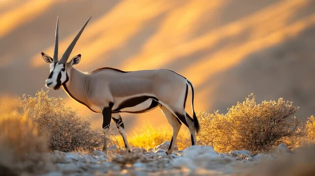 Sunrise profile of an oryx in arid landscape