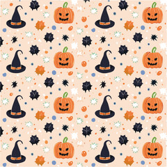 Flat Halloween Seamless Vector Pattern – Cute Spooky Background with Rats, Pumpkins, and Skulls.Seamless Halloween Pattern – Minimalist Doodle Background with Pumpkins, Ghosts, and Graves