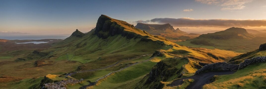 Quiraing mountains sunset at Isle of Skye, Scottland, United Kingdom