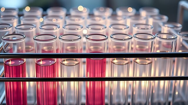 Close-up of glass test tubes with softly glowing liquids, highlighting scientific precision and experimentation.