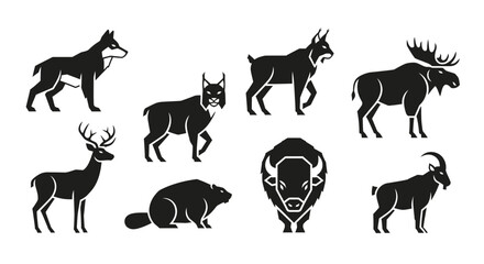 Vector wildlife animal silhouette vector illustration featuring deer wolf lynx moose bison beaver goat and more wild fauna