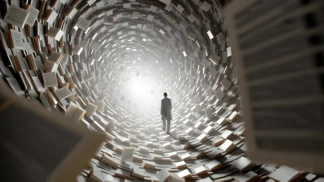 wide shot of a person stepping into a library where the books fly open and form a swirling vortex of words, symbolic and imaginative